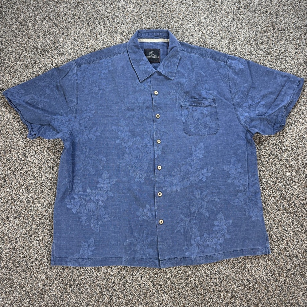 Jamaica Jaxx Men's XXL Blue 100% Silk Tropical Jacquard Short Sleeve Camp Shirt